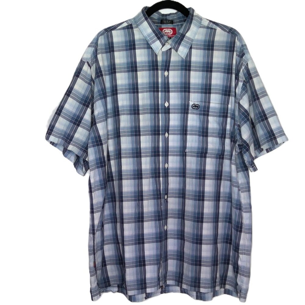 ECKO UNLTD Men's Shirt The Krute Logo Button Down Gray Plaid 100% Cotton EUC XXL